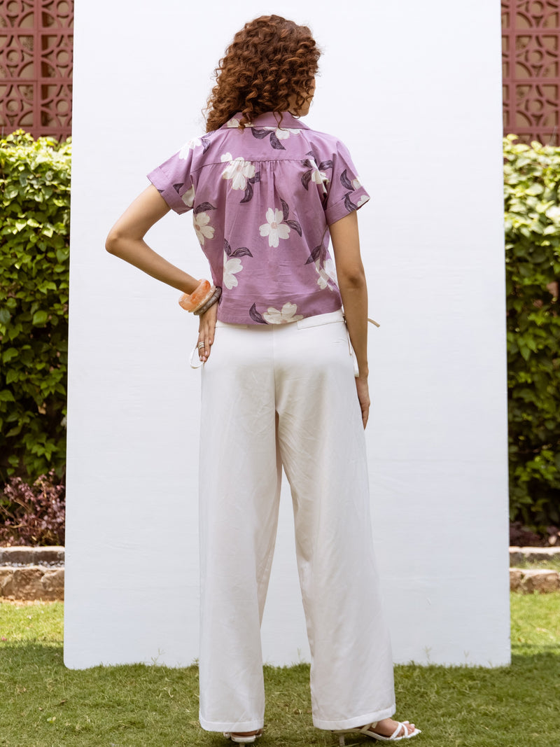 Purple Cotton Collar Floral Print Short Top For Women's