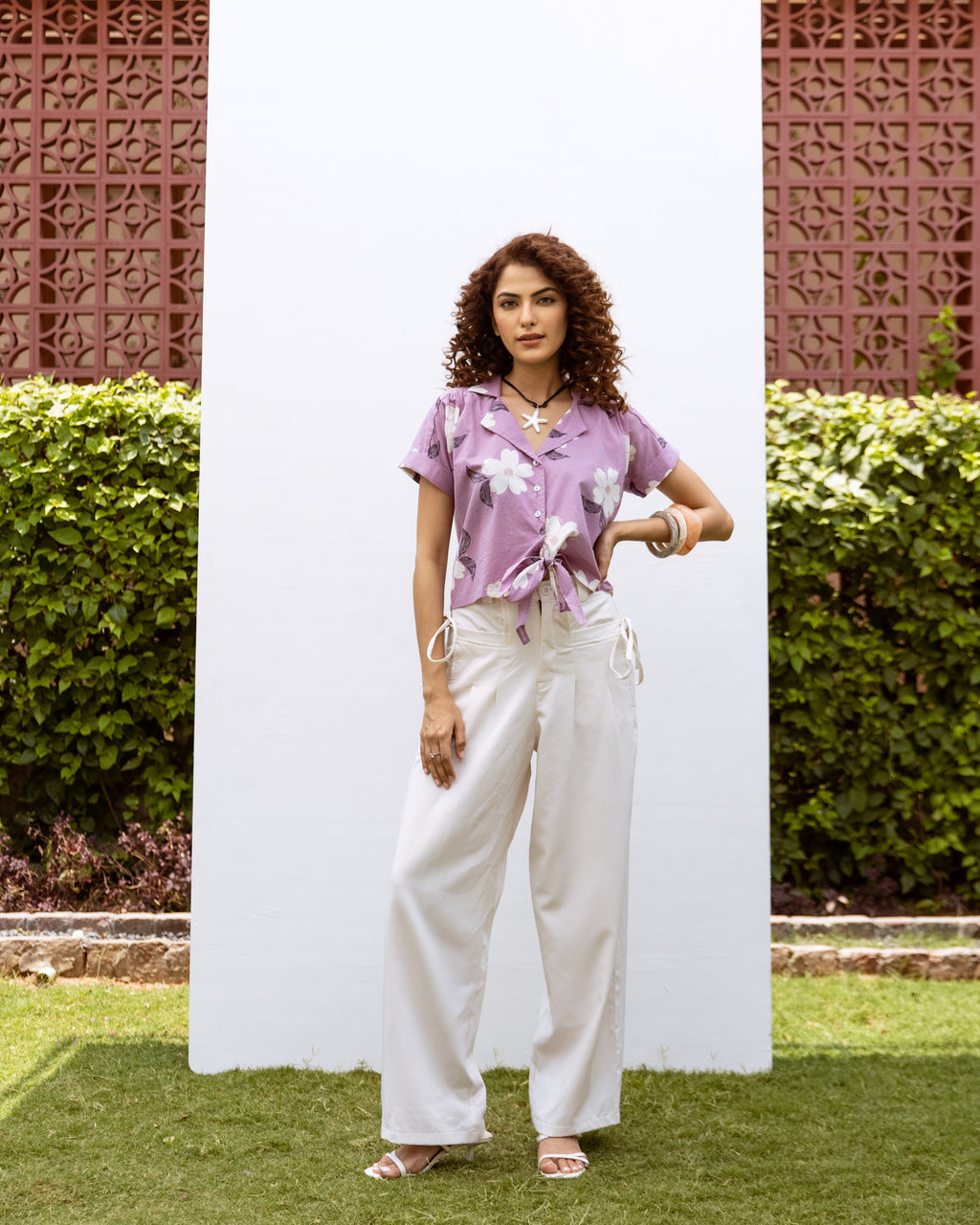 Purple Cotton Collar Floral Print Short Top For Women's