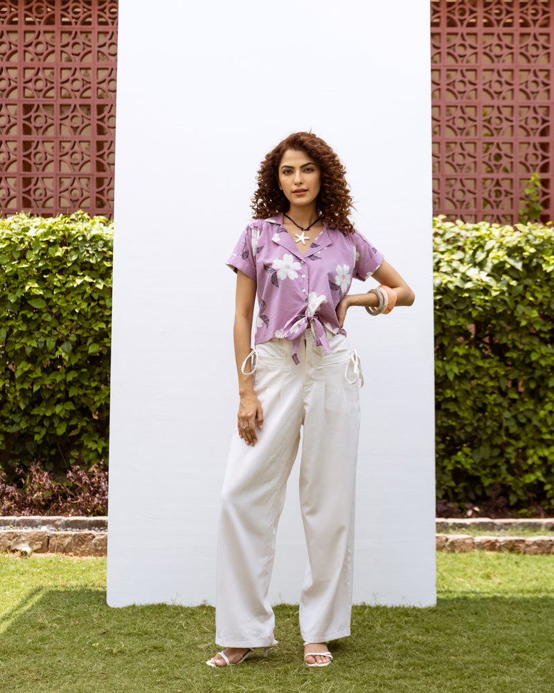 Purple Cotton Collar Floral Print Short Top For Women's