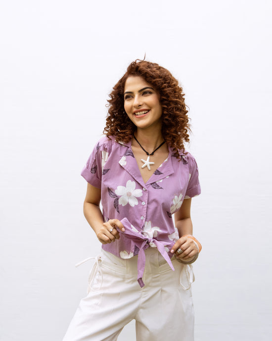 Purple Cotton Collar Floral Print Short Top For Women's