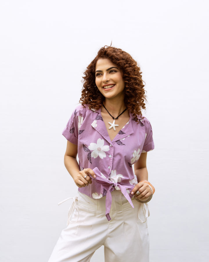 PURPLE COTTON COLLAR FLORAL PRINT SHORT-TOP FOR WOMAN'S