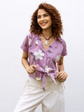 Purple Cotton Collar Floral Print Short Top For Women's