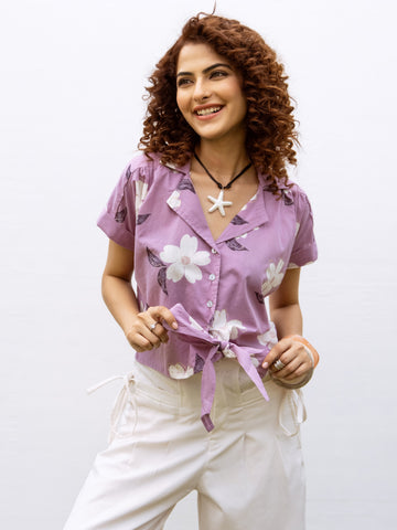 Purple Cotton Collar Floral Print Short Top For Women's