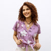Purple Cotton Collar Floral Print Short Top For Women's