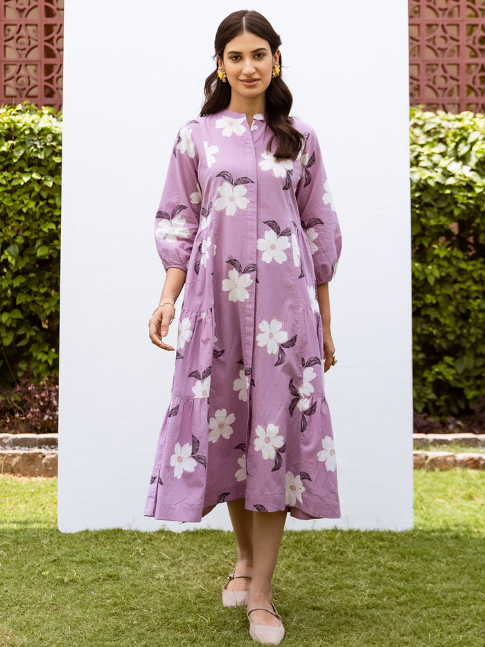 Lavender Cotton Collar Floral Print Dress For Women's