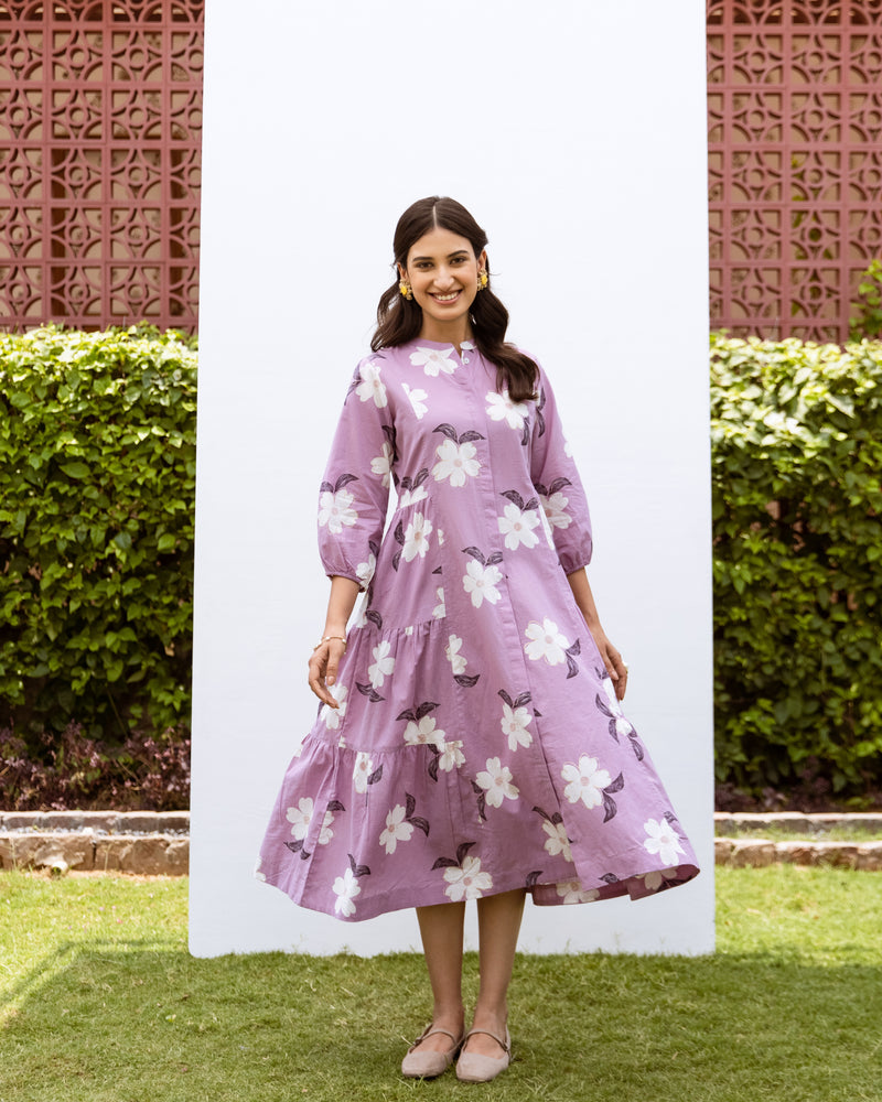 Lavender Cotton Collar Floral Print Dress For Women's