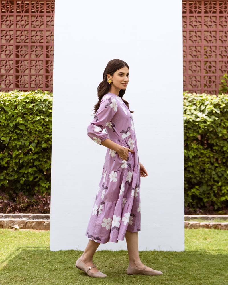 Lavender Cotton Collar Floral Print Dress For Women's