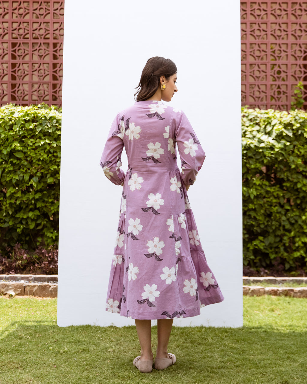 Lavender Cotton Collar Floral Print Dress For Women's