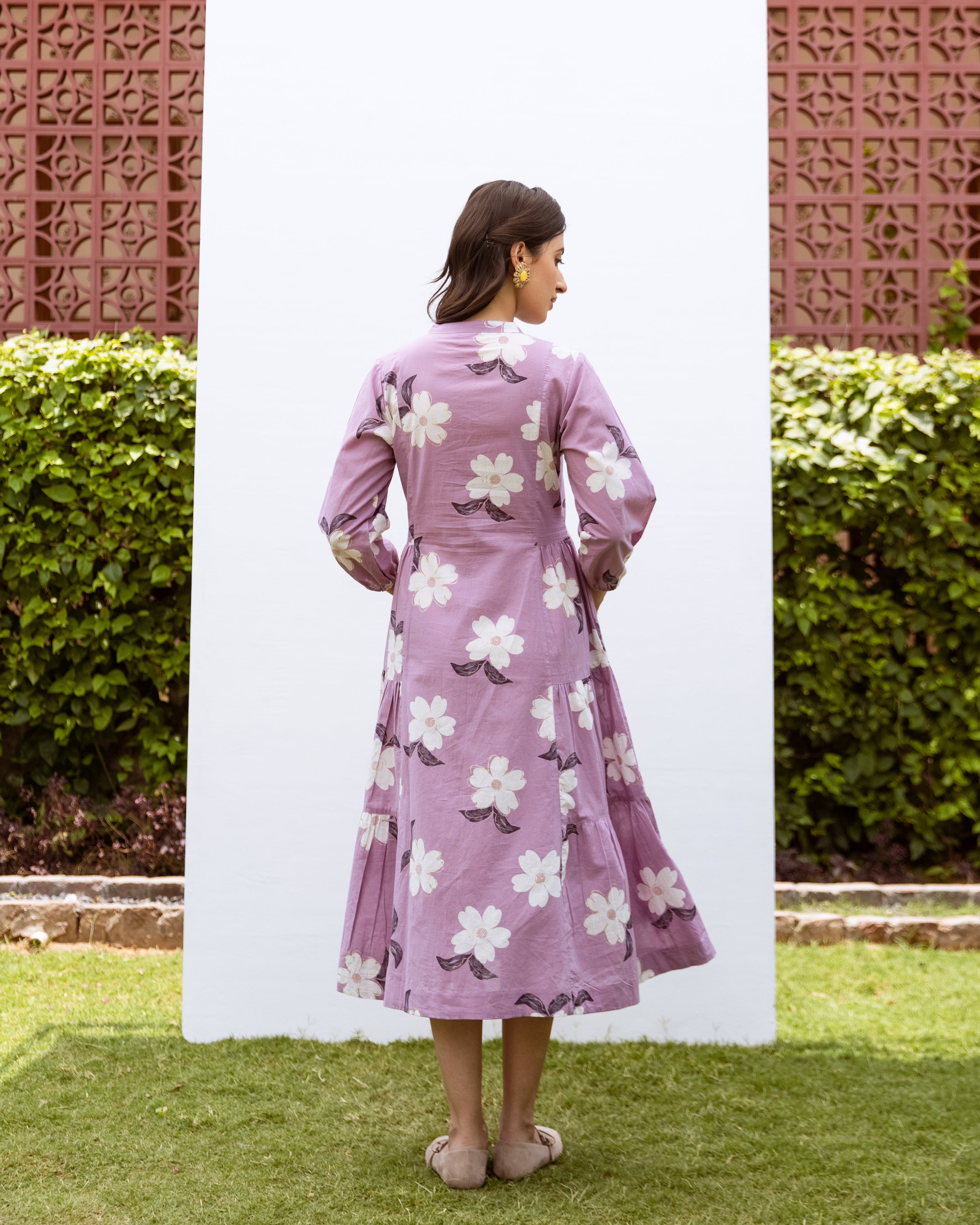 Lavender Cotton Collar Floral Print Dress For Women's
