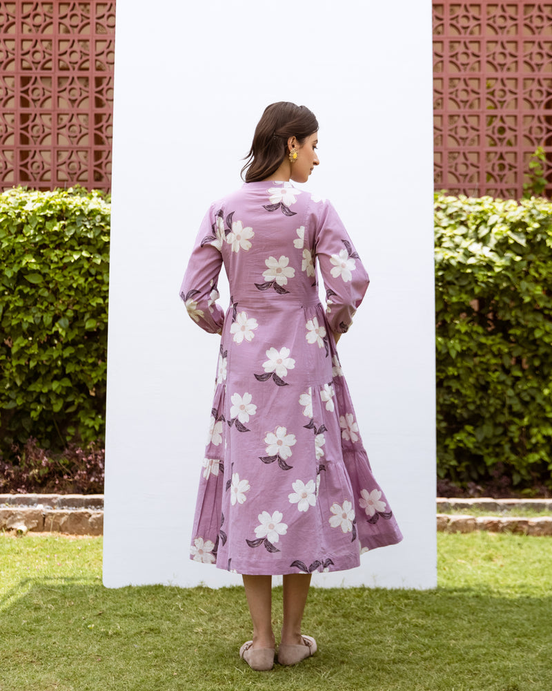 Lavender Cotton Collar Floral Print Dress For Women's