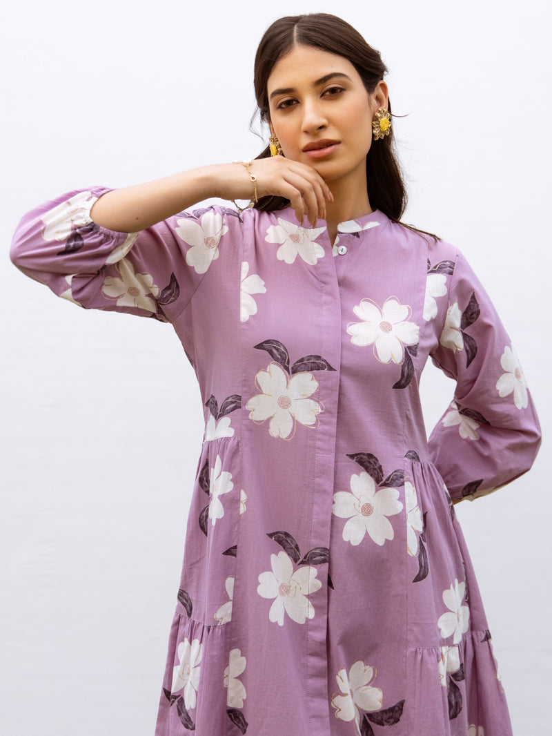 Lavender Cotton Collar Floral Print Dress For Women's