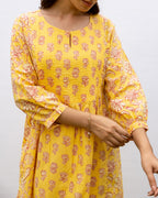 Yellow Cotton Floral Print Round Neck Kurta Pant Set for Women's