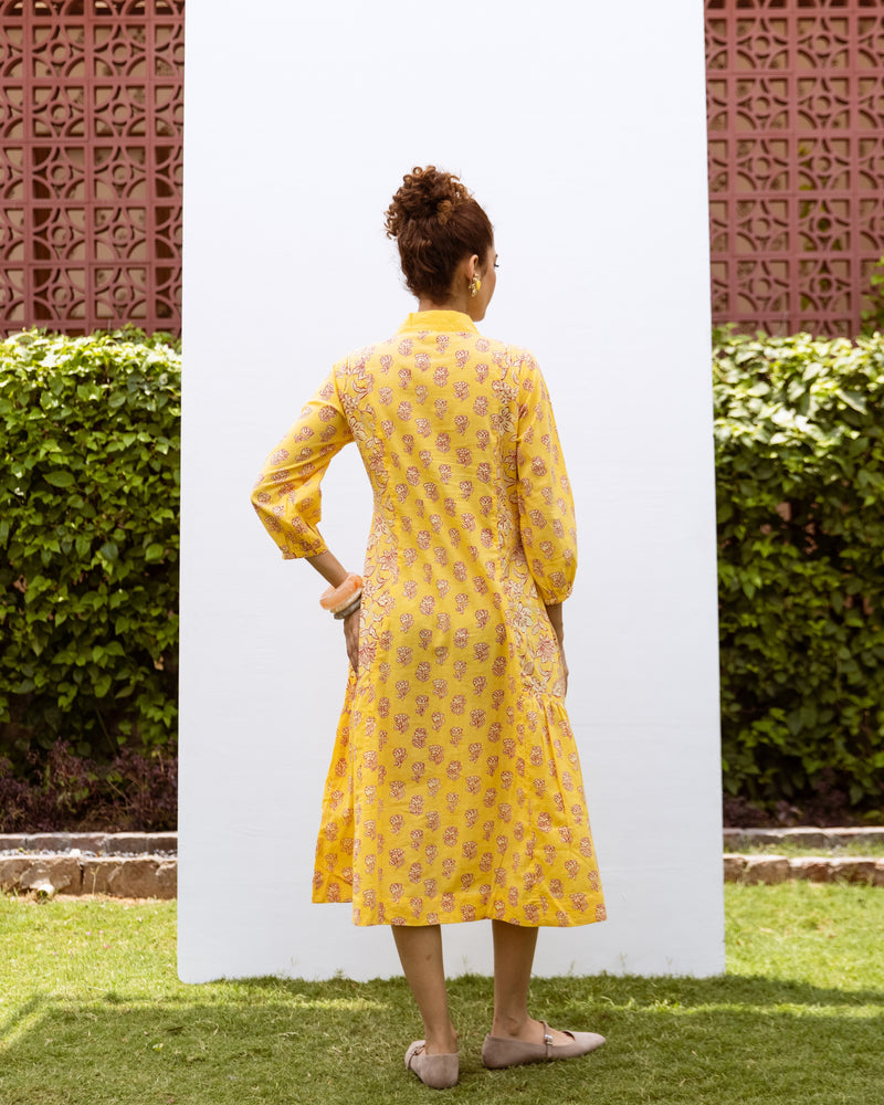 Yellow Cotton Floral Print V-Neck Dress