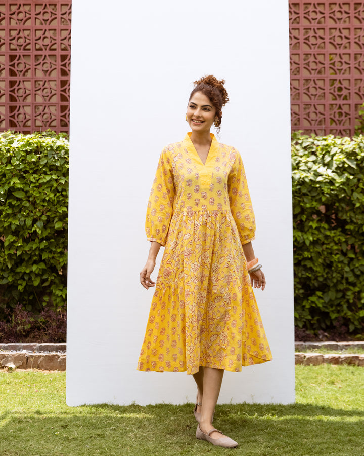 Yellow Cotton Floral Print V-Neck Dress