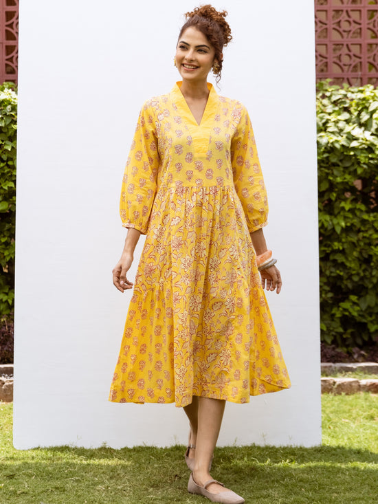 Yellow Cotton Floral Print V-Neck Dress