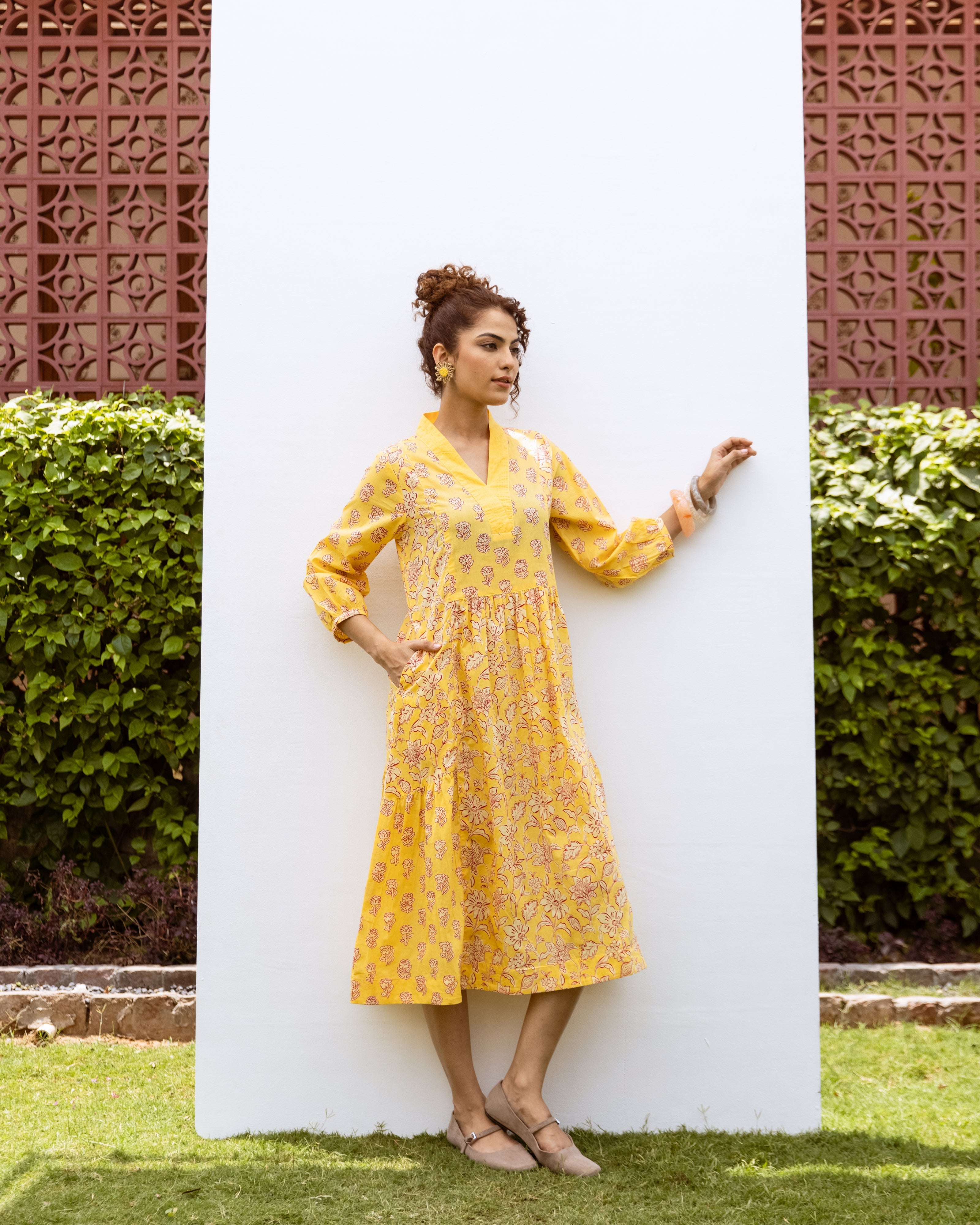 Yellow Cotton Floral Print V-Neck Dress
