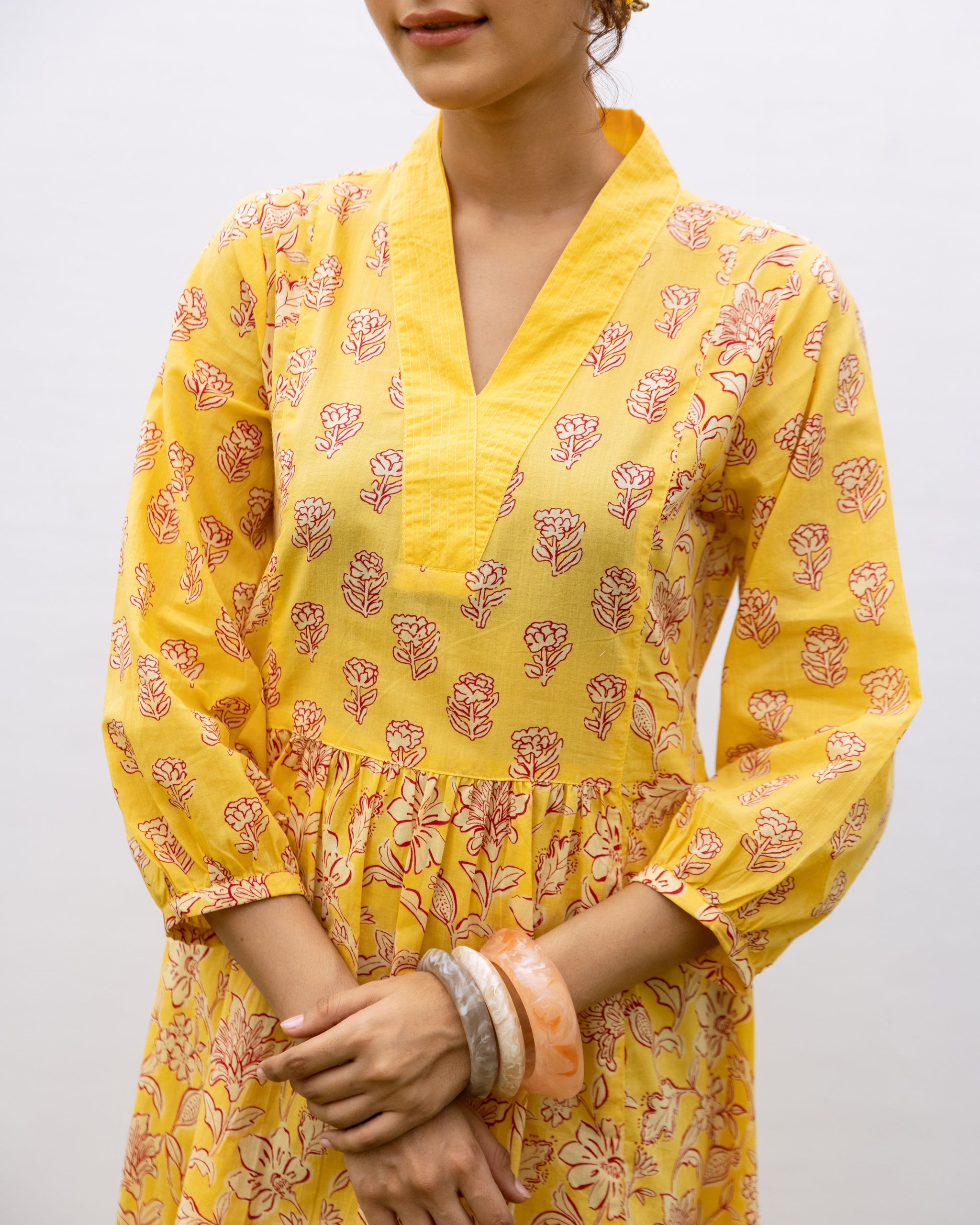 Yellow Cotton Floral Print V-Neck Dress