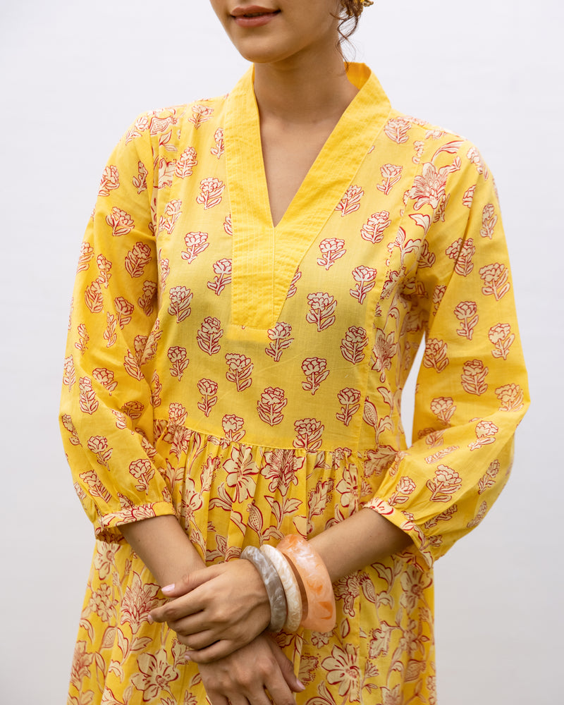 Yellow Cotton Floral Print V-Neck Dress