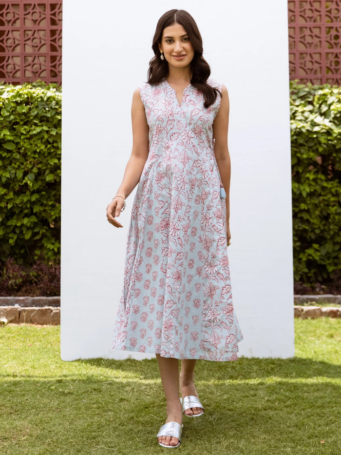 Powder Blue Cotton Angrakha Style Floral Print Dress For Women's