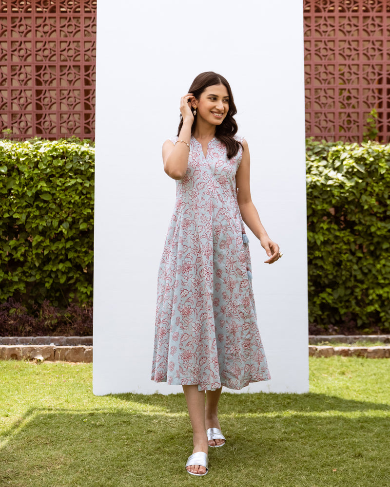 Powder Blue Cotton Angrakha Style Floral Print Dress For Women's