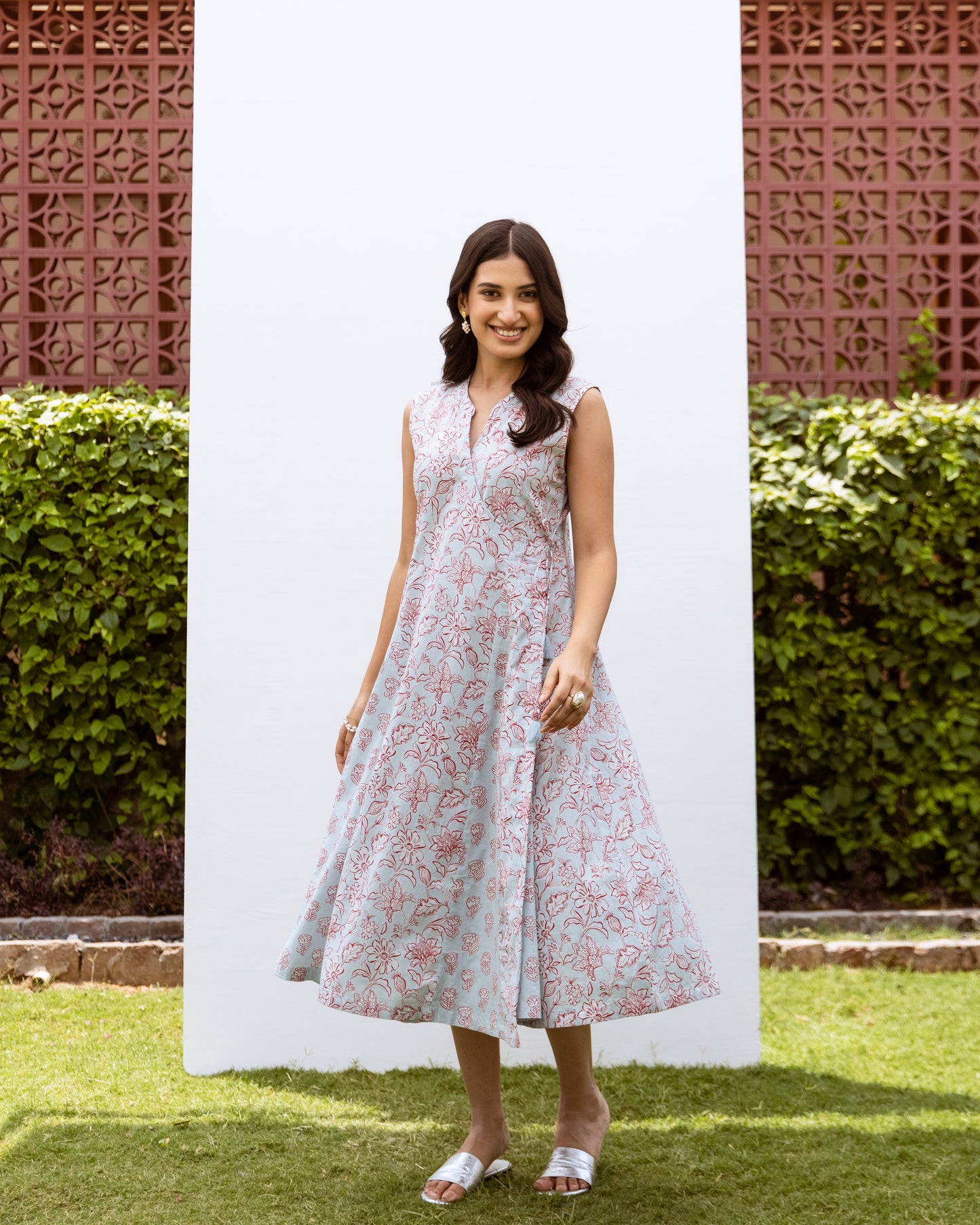 Powder Blue Cotton Angrakha Style Floral Print Dress For Women's