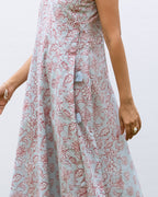 Powder Blue Cotton Angrakha Style Floral Print Dress For Women's
