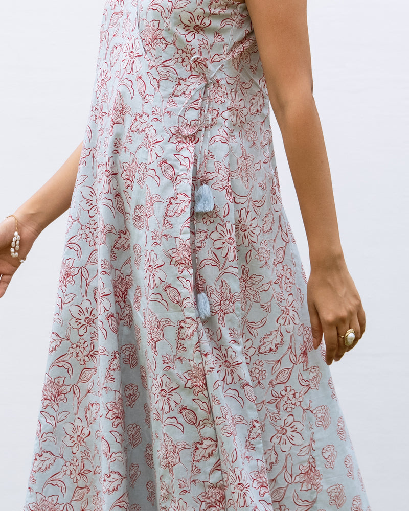 Powder Blue Cotton Angrakha Style Floral Print Dress For Women's