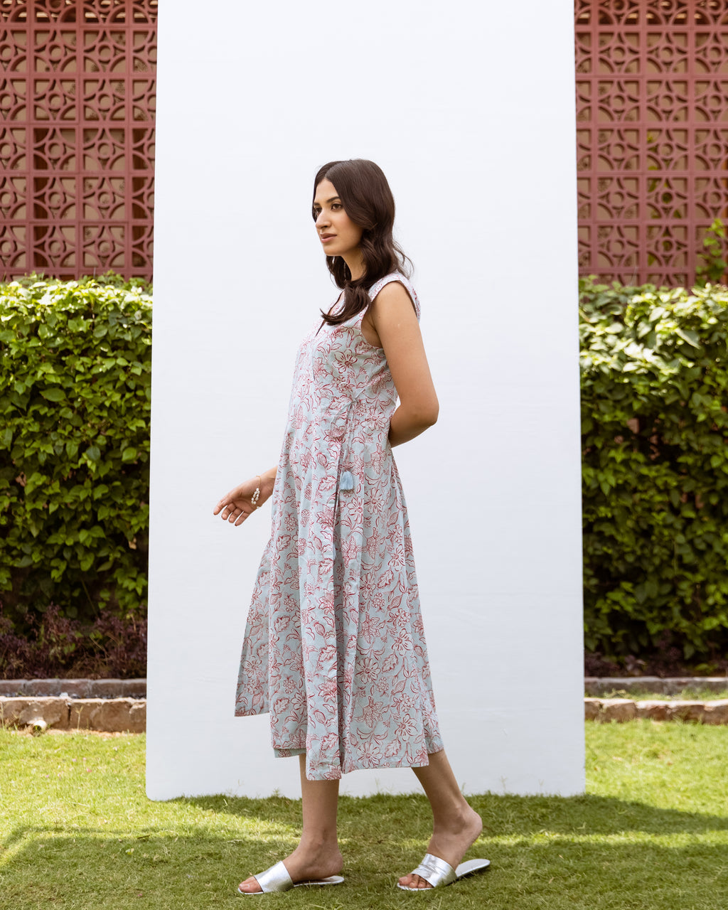 Powder Blue Cotton Angrakha Style Floral Print Dress For Women's
