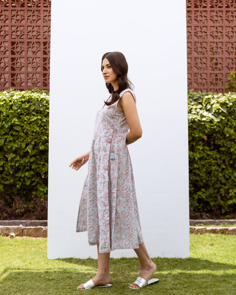 Powder Blue Cotton Angrakha Style Floral Print Dress For Women's
