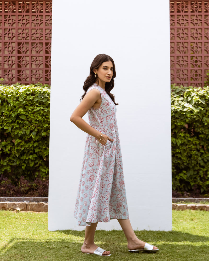Powder Blue Cotton Angrakha Style Floral Print Dress For Women's