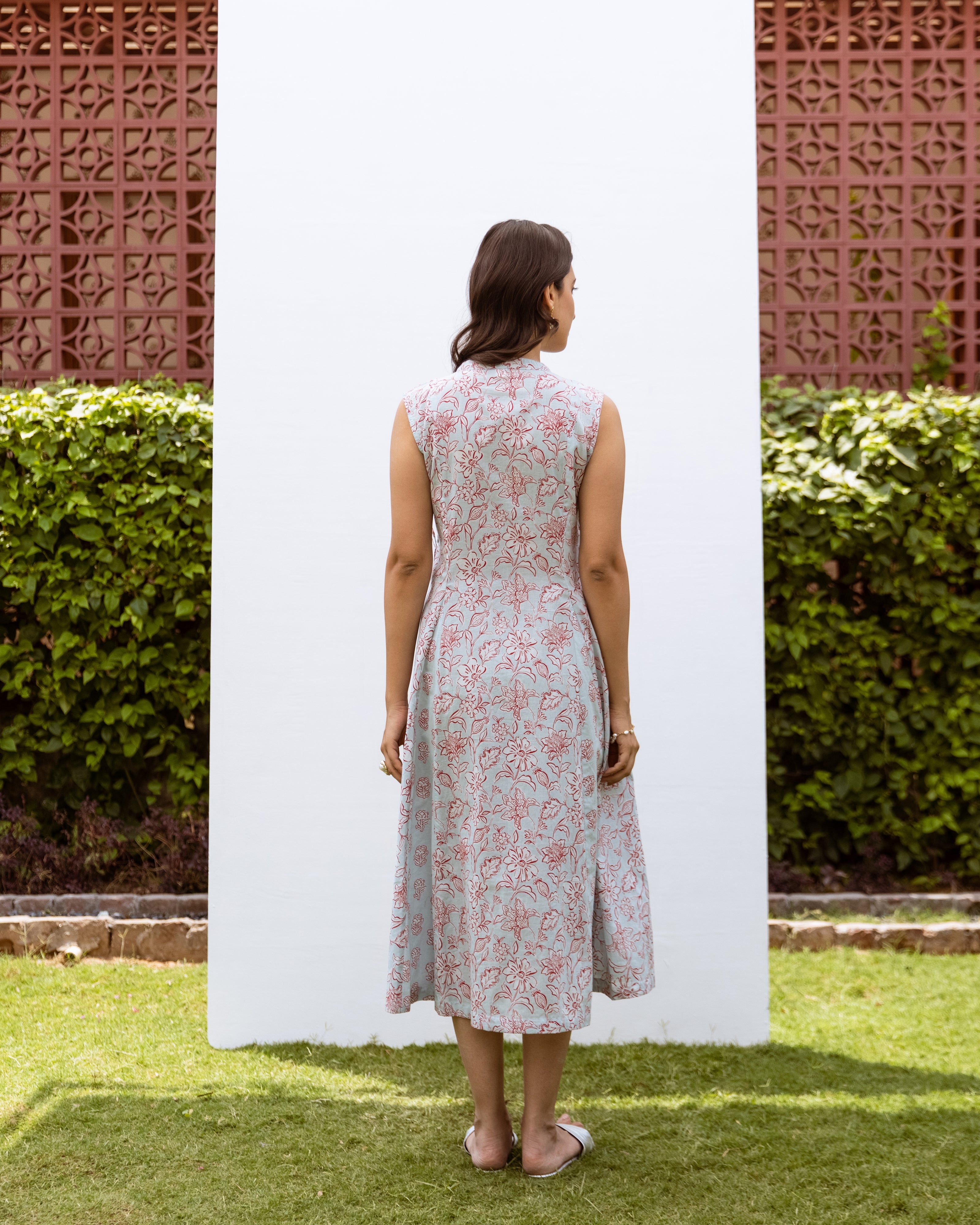 Powder Blue Cotton Angrakha Style Floral Print Dress For Women's