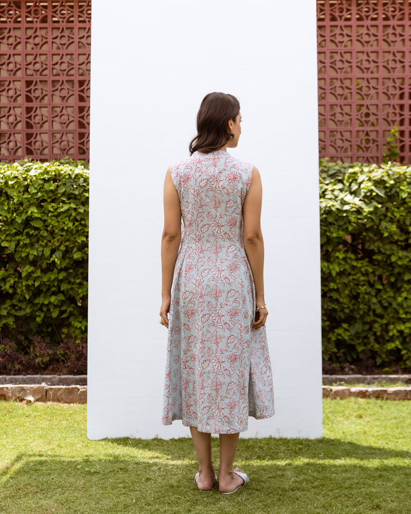 Powder Blue Cotton Angrakha Style Floral Print Dress For Women's