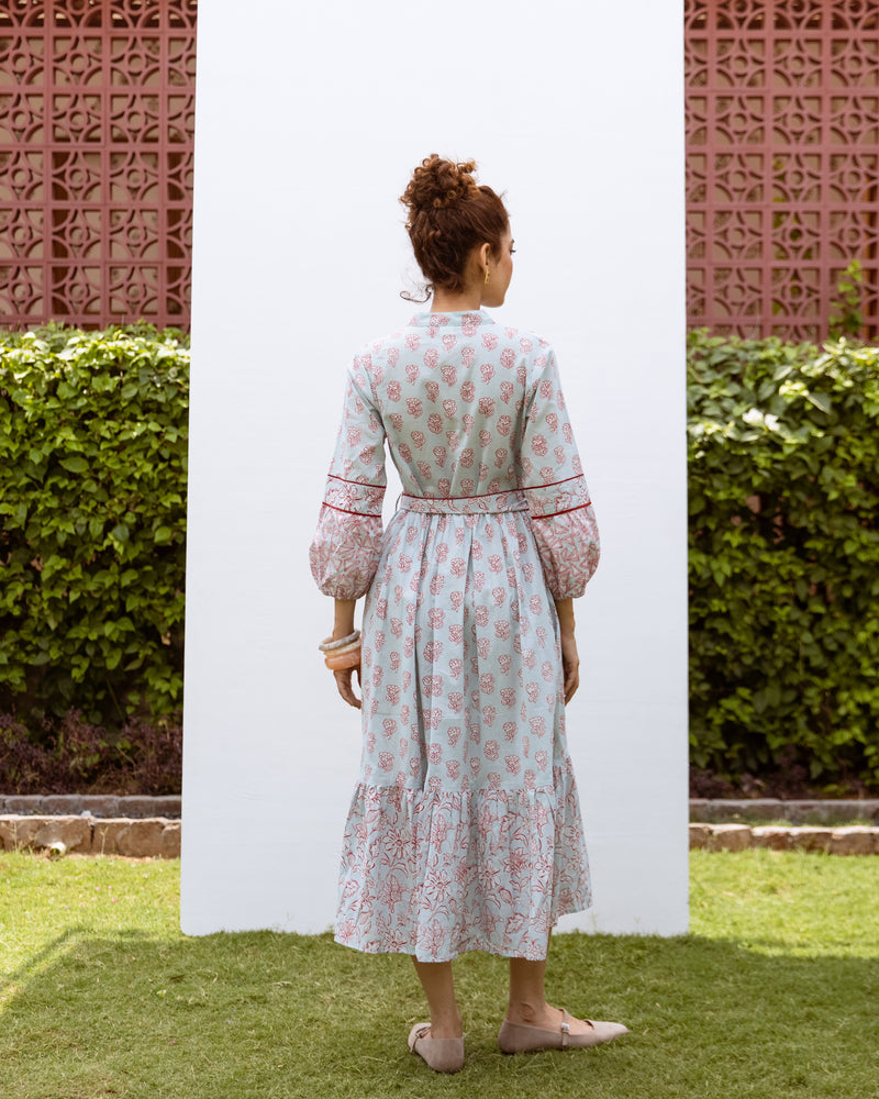 Powder Blue Cotton Collar With Small V-Neck Floral Print Dress For Women's