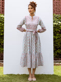 Powder Blue Cotton Collar With Small V-Neck Floral Print Dress For Women's