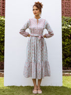 Powder Blue Cotton Collar With Small V-Neck Floral Print Dress For Women's