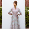 Powder Blue Cotton Collar With Small V-Neck Floral Print Dress For Women's