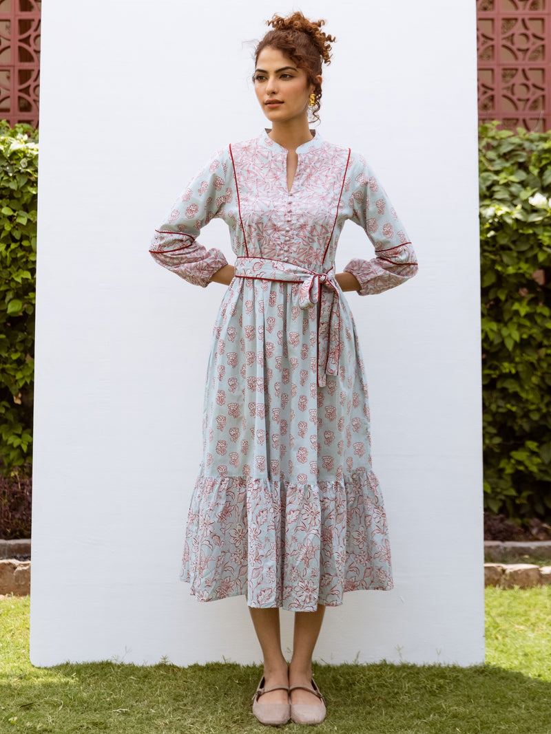 Powder Blue Cotton Collar With Small V-Neck Floral Print Dress For Women's