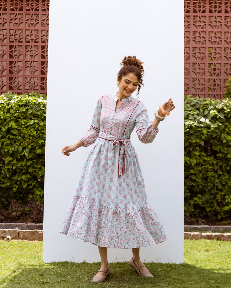 Powder Blue Cotton Collar With Small V-Neck Floral Print Dress For Women's