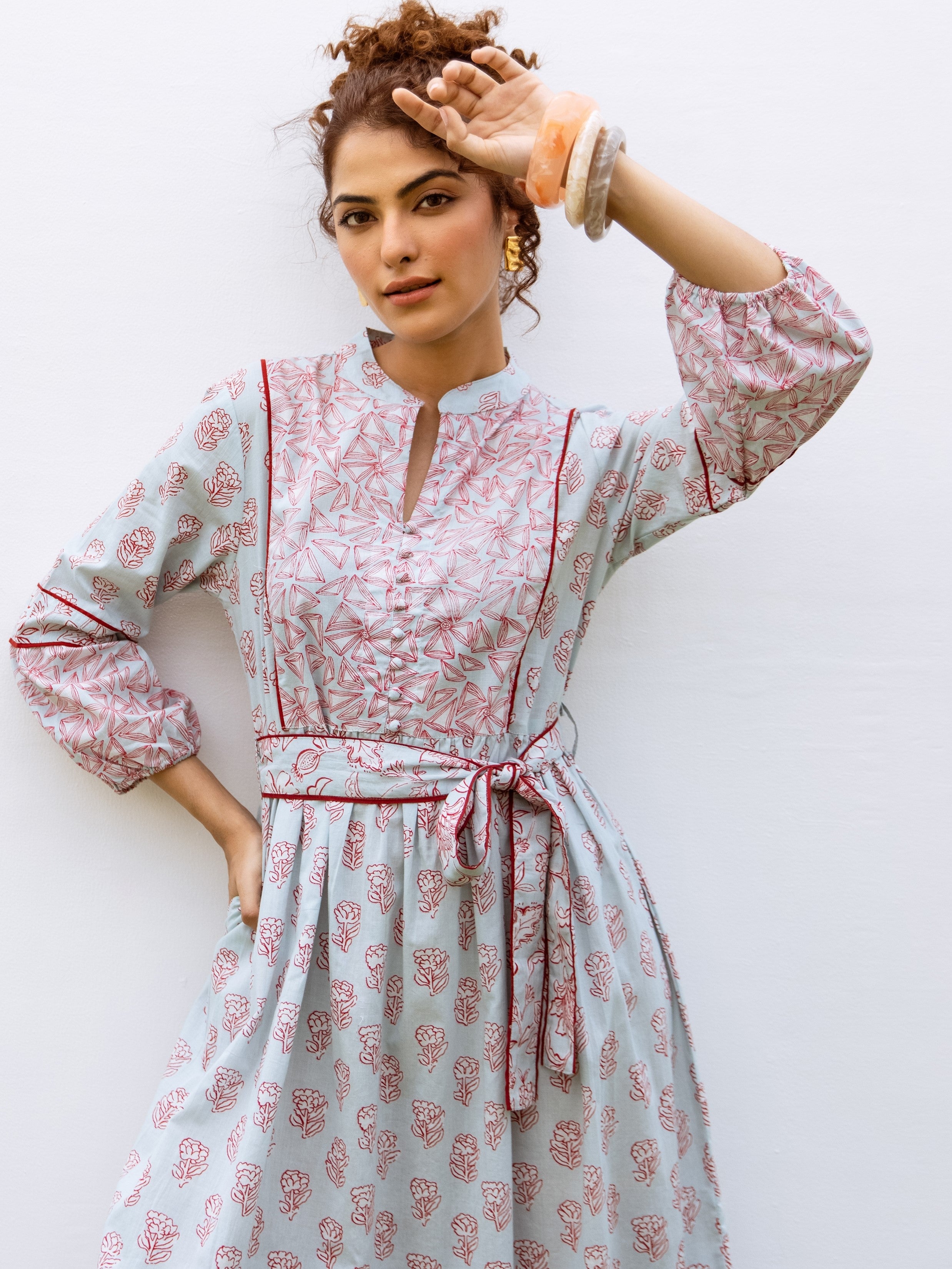 Powder Blue Cotton Collar With Small V-Neck Floral Print Dress For Women's