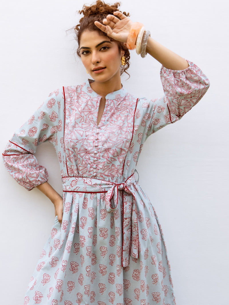 Powder Blue Cotton Collar With Small V-Neck Floral Print Dress For Women's