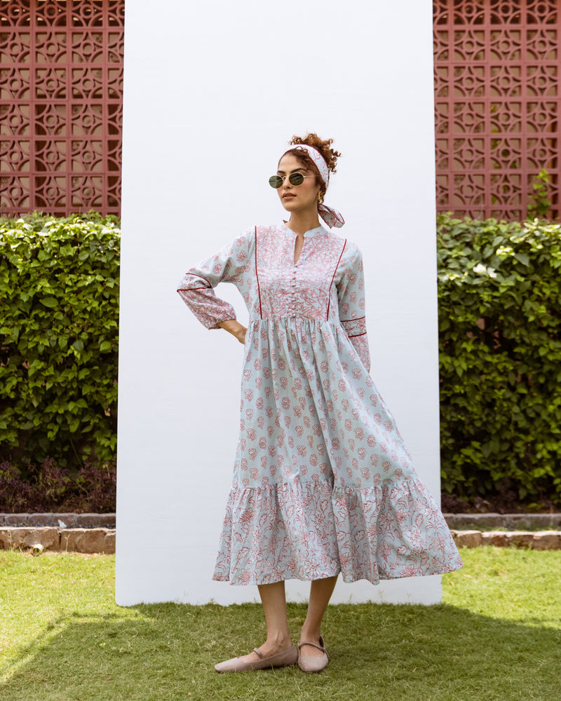 Powder Blue Cotton Collar With Small V-Neck Floral Print Dress For Women's