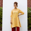 Yellow Cotton Collar With V-Neck Floral Print Kurta For Women's