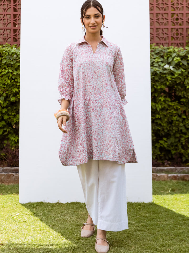 Powder Blue With Red Cotton V Neck Line With Collar Short Kurta
