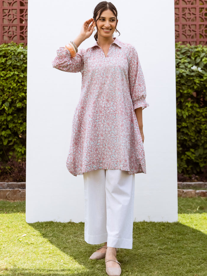 Powder Blue With Red Cotton V Neck Line With Collar Short Kurta