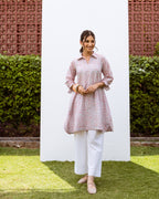 Powder Blue With Red Cotton V Neck Line With Collar Short Kurta