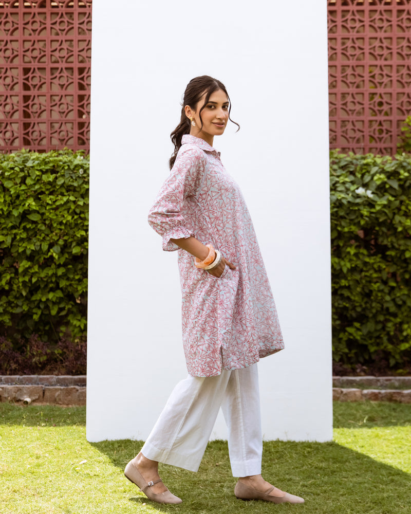 Powder Blue With Red Cotton V Neck Line With Collar Short Kurta