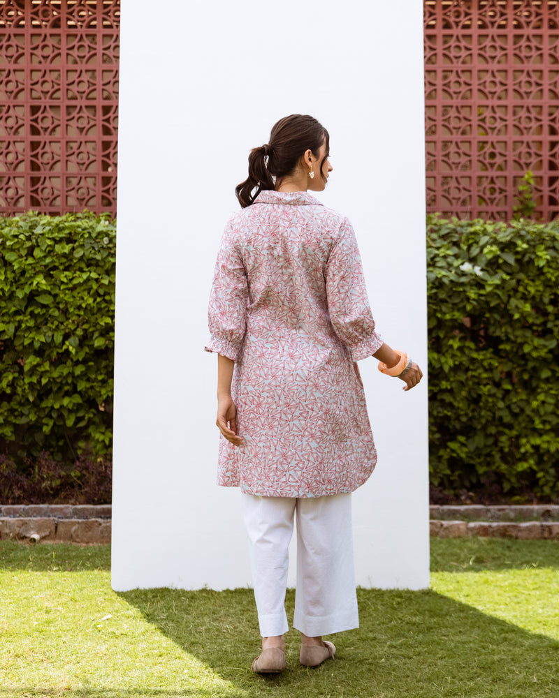 Powder Blue With Red Cotton V Neck Line With Collar Short Kurta