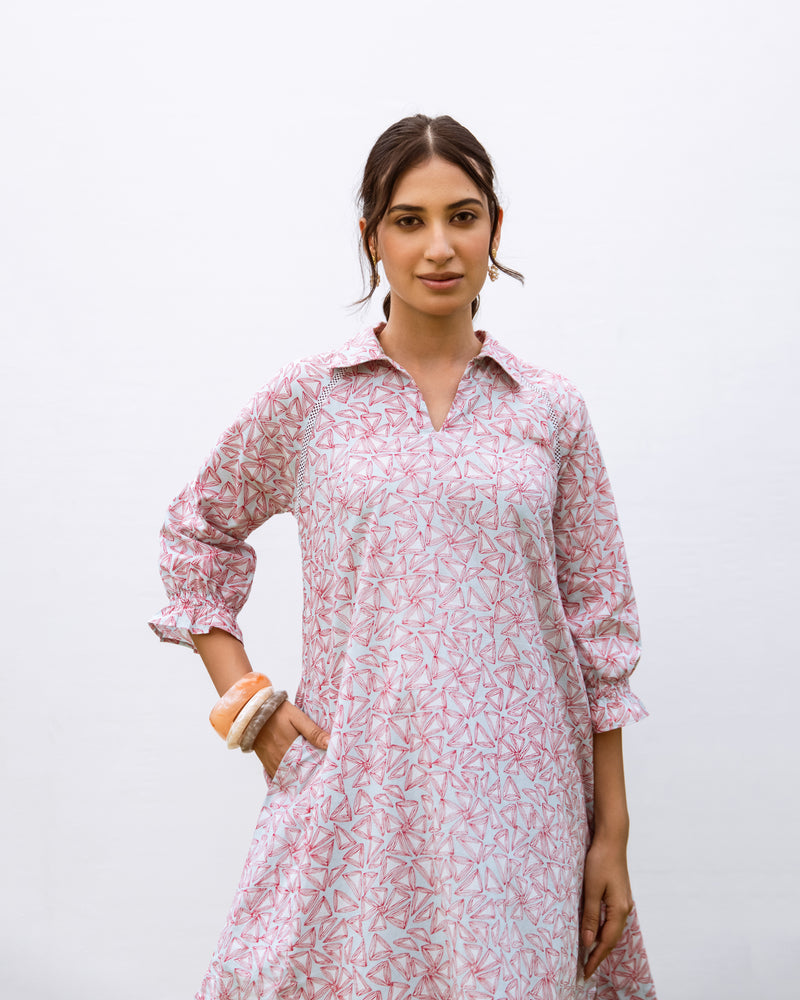 Powder Blue With Red Cotton V Neck Line With Collar Short Kurta