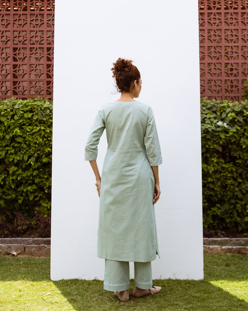 Pastel Green Cotton Linen Round Neck Kurta With Pant Set For Women's