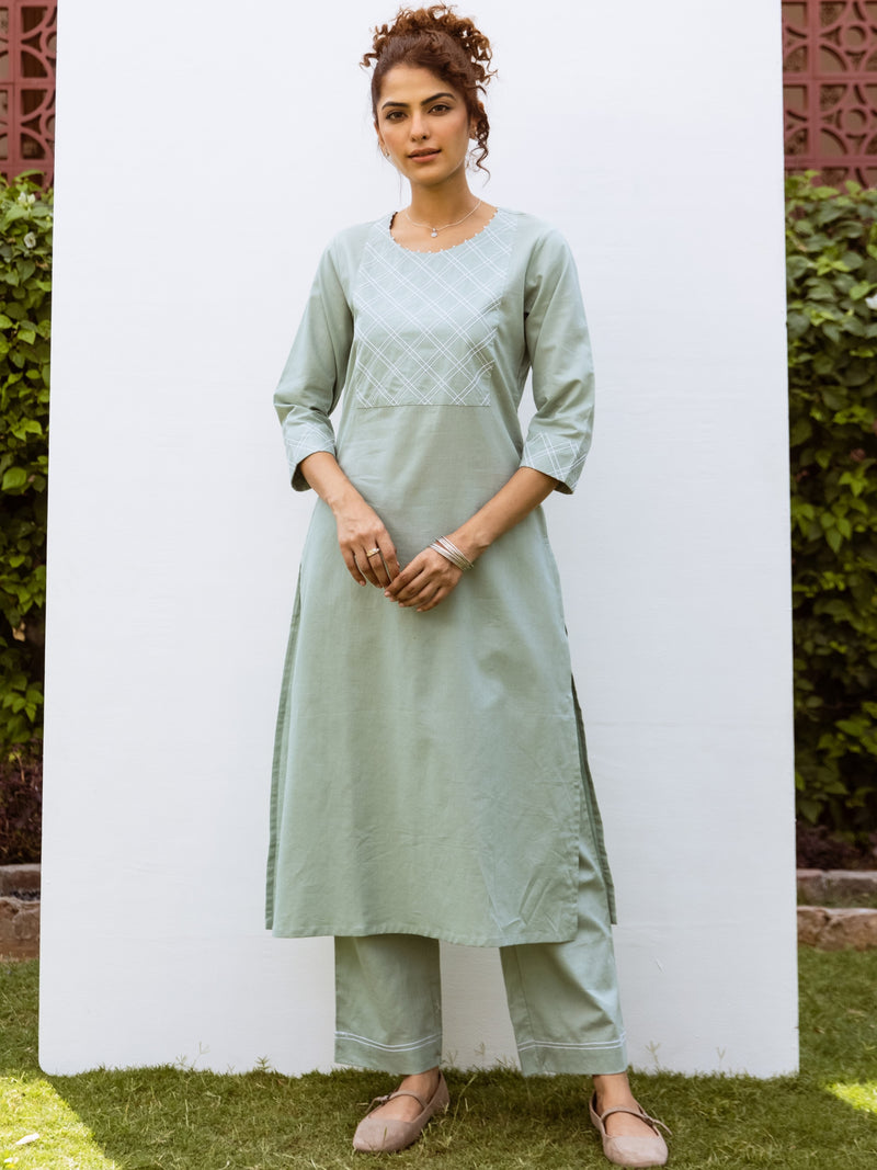 Pastel Green Cotton Linen Round Neck Kurta With Pant Set For Women's